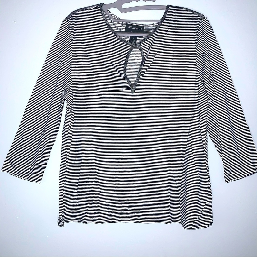 St John Striped Long Sleeve Keyhole Top Size Medium